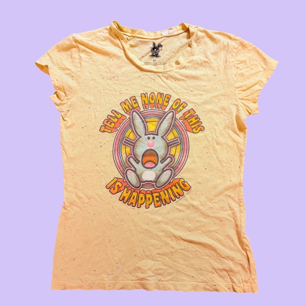 Y2K Vintage Its Happy Bunny Graphic Tee Yellow Confetti Speckle Scene #19